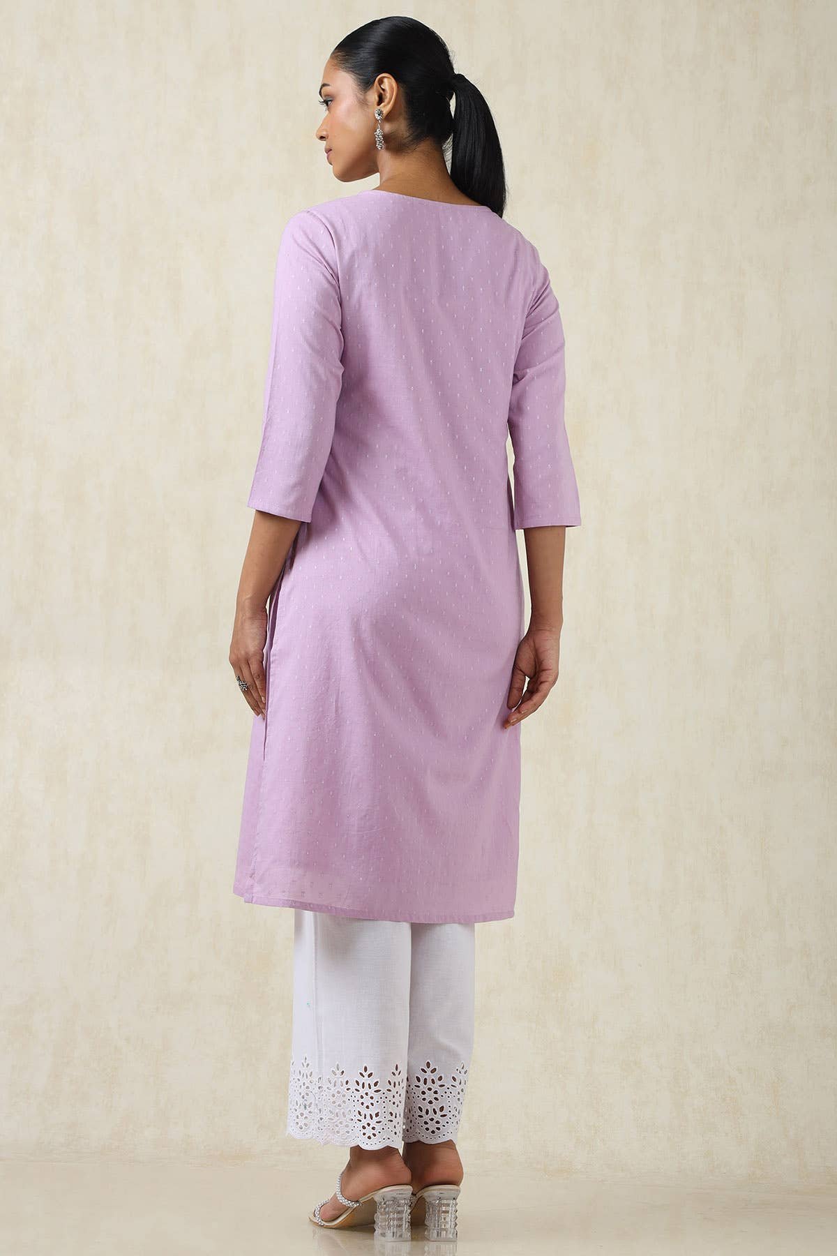Purple Cotton Dobby Solid Kurta With Sequins - Image 2