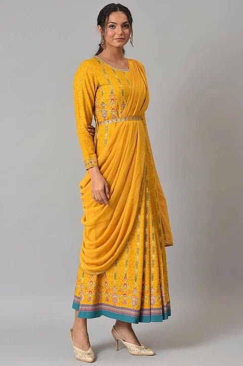 Yellow Glitter Printed Festive Saree Dress With Belt - Image 4