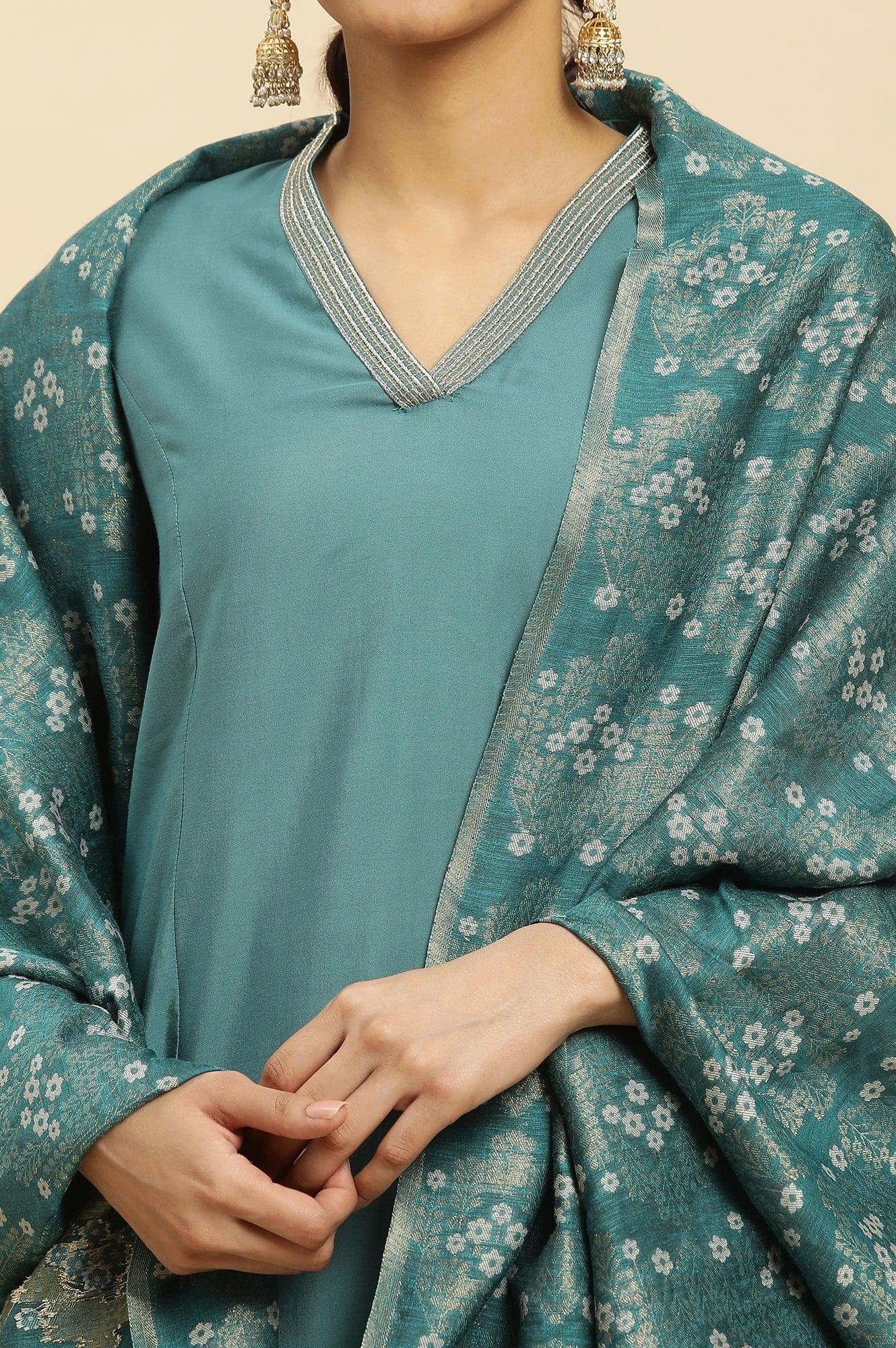 Blue Embellished Kurta, Pants And Jacquard Dupatta Set - Image 2