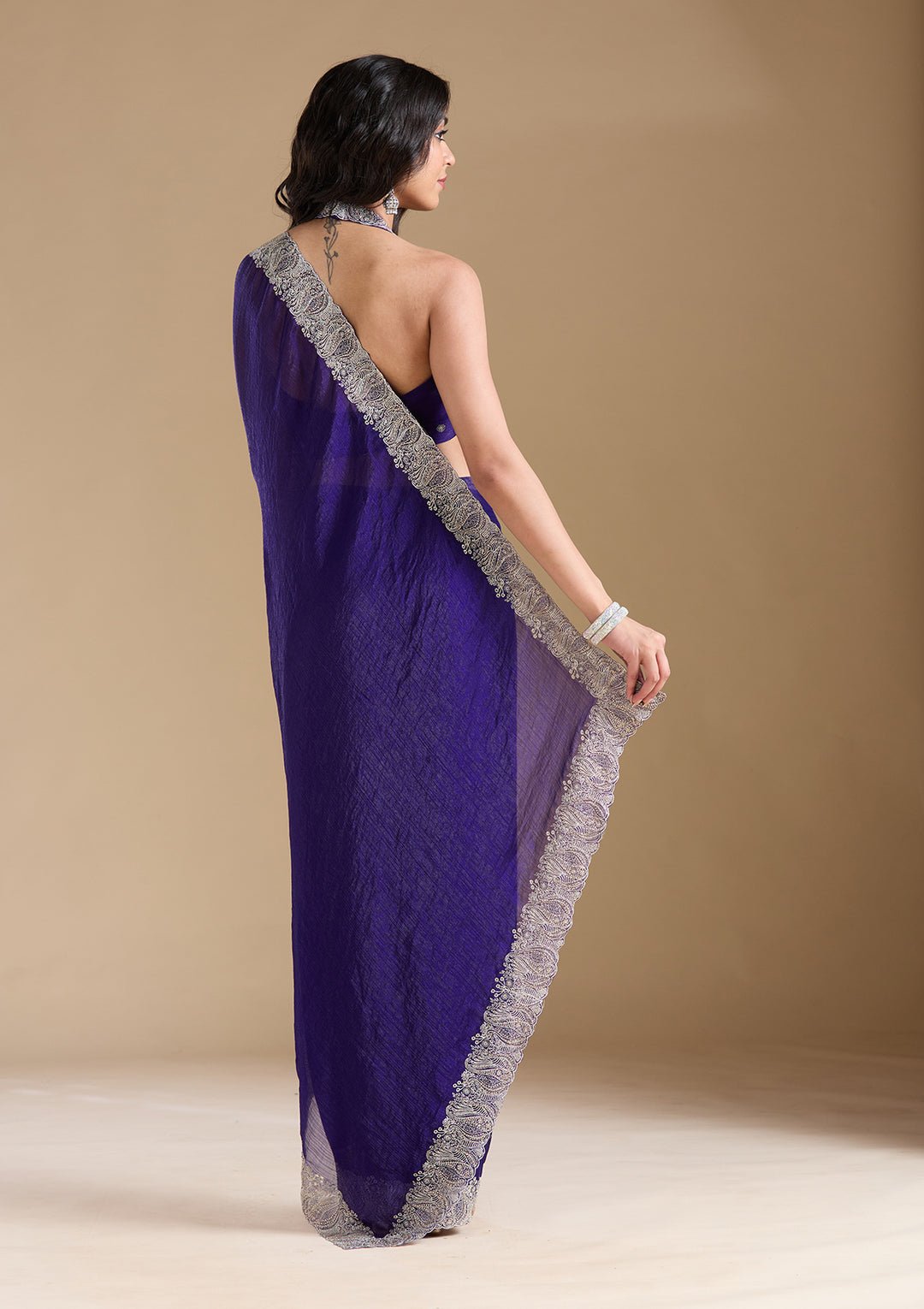 Violet Zariwork (Silver) Chiffon Saree - Image 6
