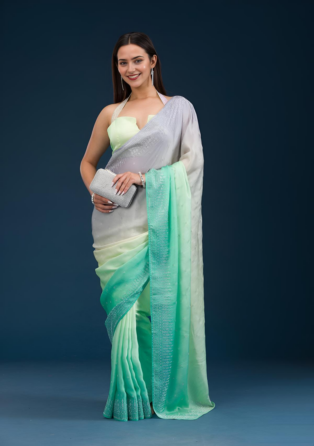 Grey Stonework Satin Saree - Image 6