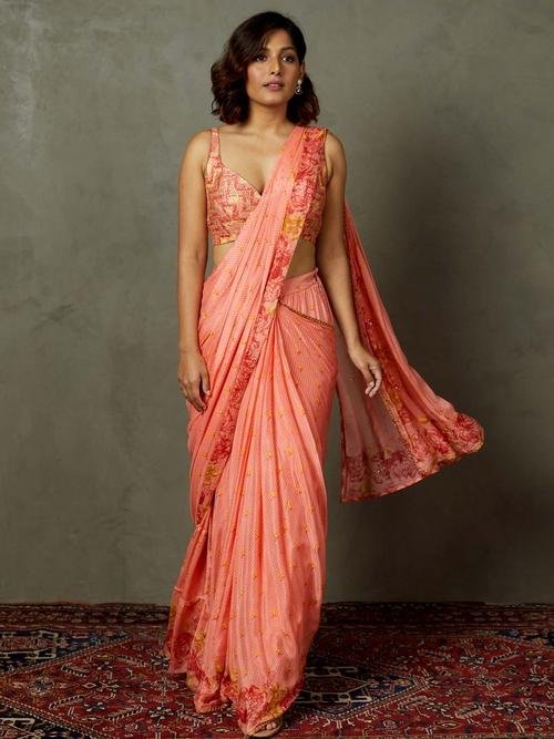 Coral Blue Rose Pre-Draped Saree