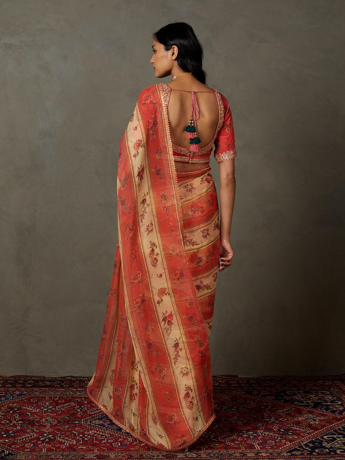 Peach & Multi Dahlia Saree With Unstitched Blouse - Image 5